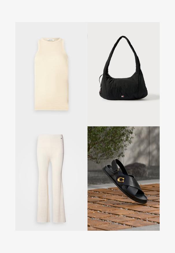 Top sans manches en beige clair, en tissu côtelé, avec un col rond et une coupe ajustée. Texture lisse avec des coutures minimales.; Pantalon en tricot côtelé couleur crème avec des jambes évasées et un motif en dentelle texturé à l'ourlet inférieur. Matière douce avec une taille ajustée.; Sandale en cuir noir avec détail de boucle dorée sur des carreaux en bois en extérieur, avec un arbuste vert flou et un mur gris en arrière-plan.; Sac d'épaule en nylon noir avec une poignée incurvée, une poche zippée et un petit logo à l'avant ; texture matelassée avec une forme douce et arrondie.