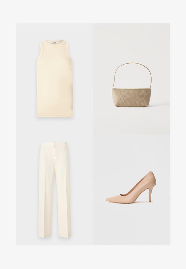 Top sans manches en beige clair, en tissu côtelé, avec un col rond et une coupe ajustée. Texture lisse avec des coutures minimales.; Pantalon droit sur mesure couleur blanc cassé avec pli avant, ceinture et fermeture avant dissimulée sur un fond uni.; Escarpin à talon haut en cuir beige avec un bout pointu, une texture lisse et un talon aiguille fin. Design minimaliste avec un style à enfiler.; Sac à main tissé beige avec fine bandoulière et petit logo doré "BOSS" à l'avant, présenté sur fond blanc uni.