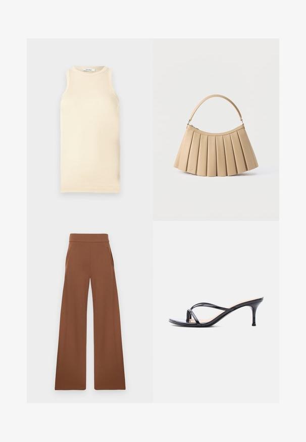 Lys beige ærmeløs top lavet af ribbet stof, med en rund halsudskæring og tætsiddende design. Glat tekstur med minimale sømme.; Brune bukser med bred benvidde fremstillet af et glat, strækbart stof. De har en høj talje og sidelommer, designet til en afslappet pasform.; Sort laklædersandal med hæl, tynde krydsede remme og en slank mellemhøj stilethæl på en hvid baggrund.; Beige plisseret håndtaske med buet toplynlås og enkelt buet håndtag, vist på hvid baggrund.