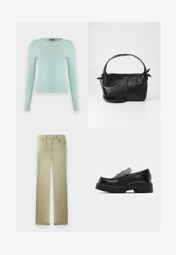Langærmet ribbet top i lys mintgrøn. Tæt pasform med rund halsudskæring og tekstureret overflade. Enkel, alsidig beklædningsgenstand.; Beige straight-leg jeans med for- og baglommer, knap- og lynlås-lukning, vist mod en hvid baggrund.; Sorte læder loafers med en chunky tekstureret sål, der har en rem over vamps og en glat, poleret finish.; Sort læderhåndtaske med et struktureret design, rund tophåndtag og aftagelig skulderrem. Den har en glat tekstur og en subtil glans.