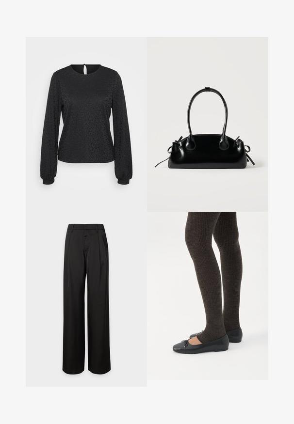 Blouse noire à manches longues avec un motif léopard texturé, encolure ronde et fermeture dos en forme de clé. Les poignets élastiques améliorent l'ajustement.; Pantalon noir taille haute à jambes larges avec passants de ceinture et plis devant, présenté sur un fond clair uni.; Jambes portant des leggings côtelés foncés associés à des ballerines noires avec de petits détails en nœud sur fond blanc.; Petit sac à main noir brillant avec deux longues anses et des détails à cordon sur les côtés sur un fond clair uni.
