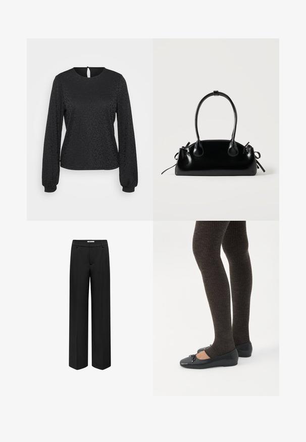 Blouse noire à manches longues avec un motif léopard texturé, encolure ronde et fermeture dos en forme de clé. Les poignets élastiques améliorent l'ajustement.; Pantalons larges noirs en tissu lisse, dotés d'une taille, de poches avant et d'une coupe ajustée. Pas de motifs ni d'accents visibles.; Jambes portant des leggings côtelés foncés associés à des ballerines noires avec de petits détails en nœud sur fond blanc.; Petit sac à main noir brillant avec deux longues anses et des détails à cordon sur les côtés sur un fond clair uni.