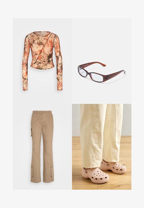 Bec + Bridge AVERIL GATHERED - Langarmshirt - glitch; Nicki Studios STRAIGHT POCKET PANTS - Cargohose - kahve; Helle rosa Clogs aus Gummi, mit Belüftungslöchern, einer konturierten Form und einer strukturierten Sohle für Halt. Getragen mit hellbeigen Hosen.; Braun getönte rechteckige Brille mit glänzender Oberfläche, schlanken Bügeln und transparenten Gläsern. Logo auf dem linken Bügel sichtbar.