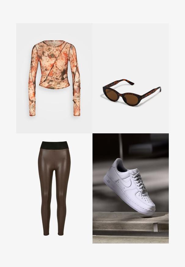 Bec + Bridge AVERIL GATHERED - Langærmet T-shirt - glitch; Brune faux læder leggings med en høj sort talje, der har en glat, blank finish og en tætsiddende design til anklerne.; Hvid Nike Air Force 1 sneaker svævende over en betonoverflade med skygger i et minimalistisk miljø.; Brune skildpadde solbriller med en vintage katteøje-form og brune linser. Har buede arme med røde detaljer.