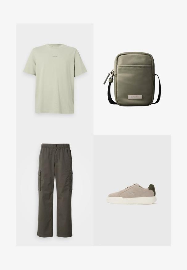 Camiseta de algodón verde clara con cuello redondo, mangas cortas y un pequeño logo de Calvin Klein en una tonalidad más oscura impreso en el pecho.; Pantalones cargo en gris oscuro con cintura elástica, dos bolsillos laterales y un corte relajado. Fabricados con un tejido duradero y de textura suave.; Zapatillas de piel de ante beige con suela de goma blanca, que presentan un acento en el talón de color verde oscuro y un sutil logo en el lateral.; Bolso bandolera compacto verde oliva con bolsillo frontal, correa negra ajustable, cierre de cremallera y placa con el logo de Calvin Klein.