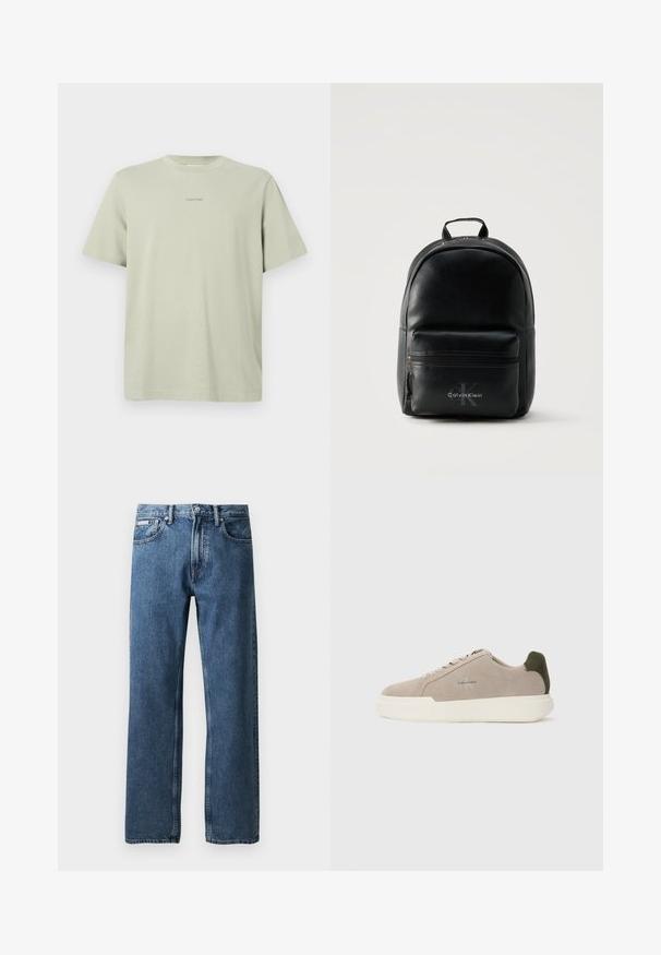 Svetlozelené bavlnené tričko s okrúhlym výstrihom, krátkymi rukávmi a malým logom Calvin Klein v tmavšom odtieni potlačeným na hrudi.; Modré džíny s rovnými nohavicami a vysokým pásom, so zapínaním na gombík a zips, prednými vreckami a malou bielou značkovou nálepkou na pravom vrecku.; Béžové semišové tenisky s bielou gumovou podrážkou, zdobené tmavozeleným akcentom na päte a jemným brandingom na boku.; Čierny kožený batoh Calvin Klein s jedným predným vreckom na zips a horným úchytom, zobrazený na jednoduchom svetlom pozadí.
