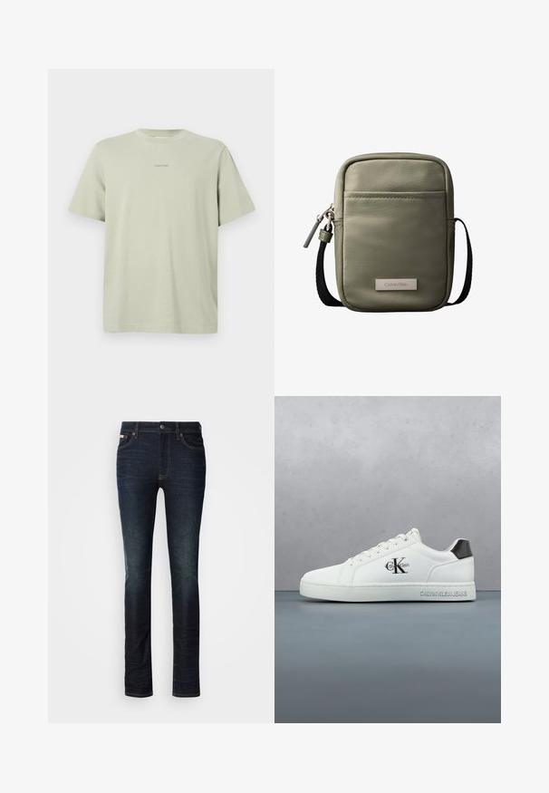 Svetlozelené bavlnené tričko s okrúhlym výstrihom, krátkymi rukávmi a malým logom Calvin Klein v tmavšom odtieni potlačeným na hrudi.; Tmavomodré slim-fit džínsy s gombíkom a zipsom, päť vreciek a jemné vyblednutie na stehnách a kolenách.; Biela kožená teniska s hladkým povrchom, viazaním na šnúrky, zaoblenou špičkou a kontrastným čiernym detailom na päte. Gumená podrážka zabezpečuje priľnavosť.; Kompaktná olivovo zelená kabelka cez rameno s predným vreckom, čiernym nastaviteľným popruhom, zapínaním na zips a menovkou s logom Calvin Klein.