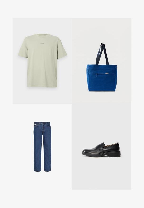 Hellgrünes Baumwoll-T-Shirt mit Rundhalsausschnitt, kurzen Ärmeln und einem kleinen Calvin Klein-Logo in einer dunkleren Farbe, das auf der Brust gedruckt ist.; Blaue Jeans mit geradem Bein aus Denim, mit fünf Taschen, einem Knopf- und Reißverschluss sowie dezenter Verblassung am Stoff.; Schwarze Leder-Pantoletten mit niedrigem Absatz und dezentem Calvin Klein-Logo an der Seite, im Profil vor einem weißen Hintergrund dargestellt.; Blaue Canvas-Einkaufstasche mit einer vorderen Reißverschlusstasche, doppelten Schulterriemen und rechteckiger Form. Verfügt über ein dezentes Markenlabel.