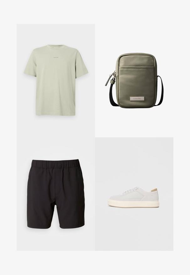 Lys grøn bomulds t-shirt med rund hals, korte ærmer og et lille Calvin Klein-logo i en mørkere nuance trykt på brystet.; Sorte shorts lavet af strækbart stof, med en elastisk talje, sidelommer og et simpelt, rent design. Ingen mønstre eller detaljer.; Lys grå sneakers med en glat syntetisk overdel, rund tå og en struktureret crème mellemsål. Lysebrune accenter på hælen.; Kompakt korsbodytaske i olivengrøn med forlomme, sort justerbar rem, lynlåslukning og Calvin Klein logo-plakette.