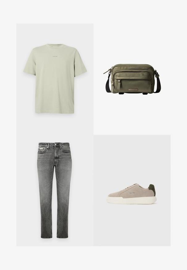 Lichtgroene katoenen t-shirt met een ronde hals, korte mouwen en een klein Calvin Klein-logo in een donkerdere tint gedrukt op de borst.; Rechtersnit grijze denim jeans met voorzakken, riemlussen, knoopsluiting en subtiele vervaagde details.; Beige suède sneakers met een witte rubberen zool, voorzien van een donkergroene hielaccent en subtiele branding aan de zijkant.; Olivgroene Calvin Klein crossbodytas met meerdere ritsvakken en verstelbare zwarte riem.