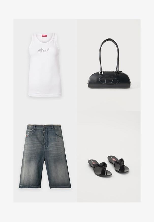 Camiseta sin mangas blanca con cuello redondo, con texto pequeño de pedrería que dice "diesel" en el pecho y una etiqueta roja de Diesel en el interior del cuello.; Pantalones cortos de mezclilla en un lavado azul descolorido, con diseño de cinco bolsillos, cierre de botones y detalles sutiles de costura.; Melissa QUANTUM THONG X DIESEL - Sandalias de dedo - black; Bolso de cuero negro con asas largas dobles y logo ovalado en relieve en la parte delantera, mostrado sobre un fondo claro y liso.