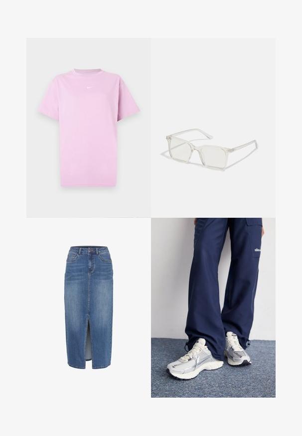 Lyserød kortærmet Nike T-shirt med rund hals og lille hvid Nike swoosh-logo centralt på brystet.; Denim nederdel med en frontslids, i midlængde, i en lys til mellemblå vask. Har fem lommer og en talje med bæltestropper.; Nike sportssko med en sølvfarvet mesh-overdel, hvide detaljer og strukturerede såler, parret med løstsiddende navy bukser.; Klare plastiske briller med firkantet ramme og gennemsigtige linser, der har guld accenter på tempelstængerne for ekstra detaljer.