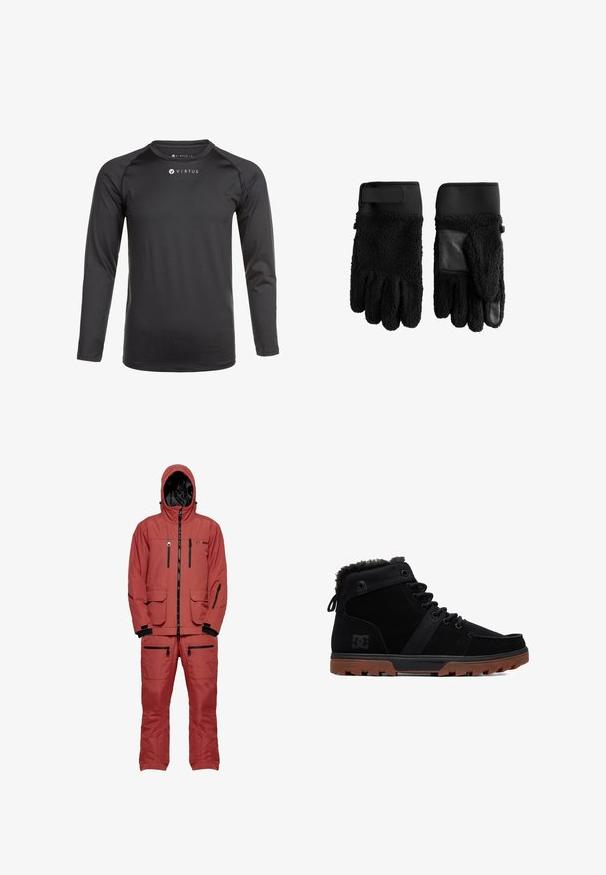 VIRTUS BONDER - Langærmet T-shirt - black; Rød vandtæt skijakke med hætte, der har sorte lynlåse og detaljer, flere lommer og et tekstureret stof til isolering.; Sorte høj sneakers lavet af ruskind og stof; har en pelsforet krave, gummisål og snøresystem; DC-logo på siden.; Par af sorte fleecehandsker med læderlapper på håndfladerne og justerbare håndledsremme.