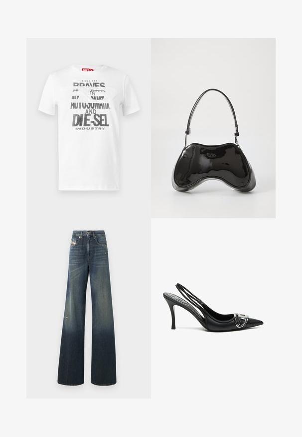 Weißes Baumwoll-T-Shirt mit schwarzem, fett gedrucktem Text mit den Worten "DIE-SEL" und "AUTOMAT". Rundhalsausschnitt und kurze Ärmel. Glatte Textur.; Weit geschnittene Jeans aus Denim in Dunkelblau mit einem ausgewaschenen Finish, mit einem abgenutzten Knie und klassischem Fünf-Taschen-Design mit Label.; Schwarze Slingback-Pumps mit spitzem Vorderteil, ausgestattet mit einem glänzenden silbernen Schnallendetail und einem schlanken Absatz. Glattes Lederoberfläche, minimalistische Gestaltung.; Schwarze Handtasche aus lackiertem Leder mit einer einzigartigen, geschwungenen Form, kurzem verstellbarem Griff und einem Reißverschluss oben. Glatte Textur mit dezentem Branding.