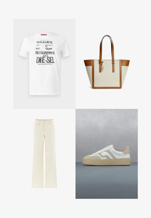 Hvid bomuldst-shirt med sort, fed tekst med ordene "DIE-SEL" og "AUTOMAT". Rund hals og korte ærmer. Glat tekstur.; Cremefarvede jeans med vide ben og høj talje, bæltestropper, forlommer og lukning med knap. Lavet af struktureret denimmateriale.; Sneaker med øvre i cremefarvet læder, tan accenter og en lys beige gummisål. Har flade snørebånd og diskrete logo-detaljer på siden.; Beige lærredstaske med brune læderkanter, dobbelt skulderrem og vedhæng med initialer i guldfarve hængende nær toppen.