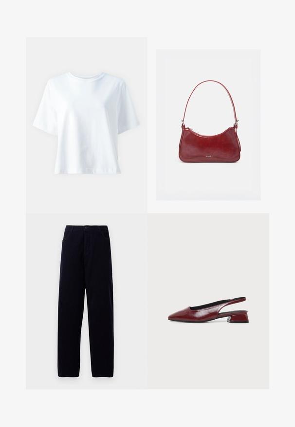 T-shirt en coton blanc avec un col rond, des manches courtes, une coupe décontractée et une texture lisse. Aucune motif ni accent visible.; Pantalons en velours côtelé bleu marine foncé à jambe droite, avec poches avant et fermeture à bouton à la taille.; Chaussure slingback en cuir marron avec bout pointu et petit talon carré, vue de profil sur fond clair uni.; Petit sac à main brillant rouge foncé avec une seule bandoulière, fermeture éclair argentée et logo « RAID » au centre avant.