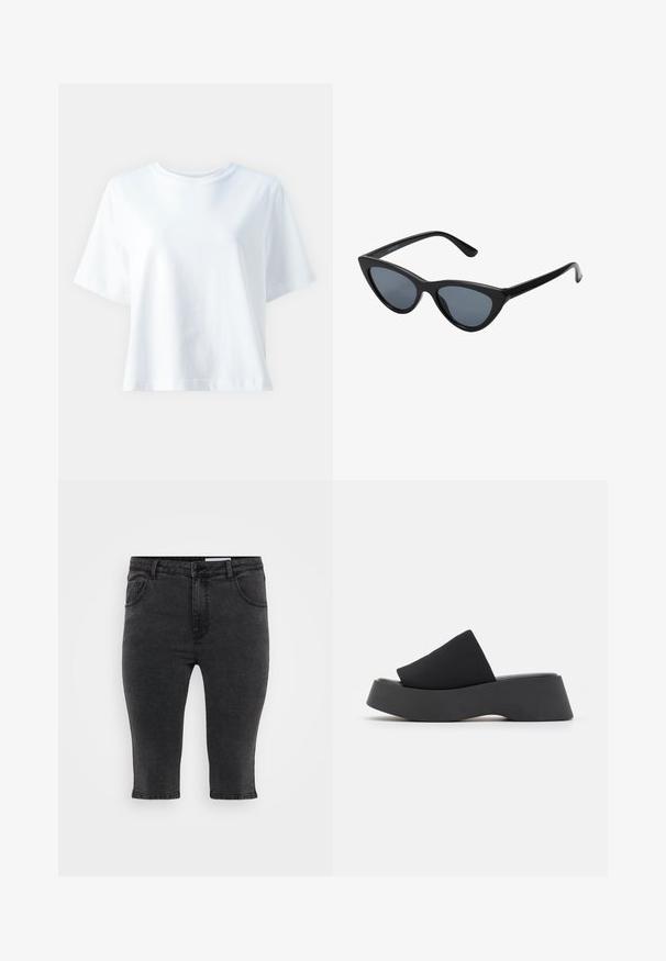 Hvid bomulds t-shirt med rund hals, korte ærmer, afslappet pasform og glat tekstur. Ingen mønstre eller detaljer synlige.; Sorte denim capri-bukser med lige skæring, fem lommer og tonalt syning. Stoffet har en let tekstur og et klassisk design.; Call it Spring VENISE B.E.D FOAM - Mules med hæl - black; Sorte katteøje solbriller med mørkegrå linser, slankt plastisk stel, spidse hjørner og lige stænger. Ingen synlig hardware eller dekorationer.