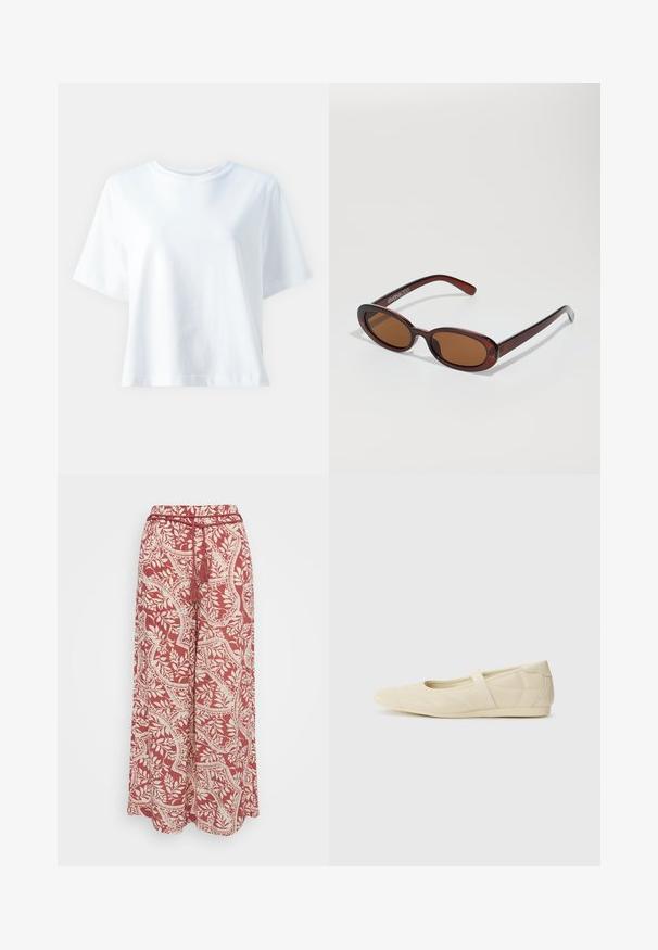Camiseta de algodón blanca con cuello redondo, mangas cortas, ajuste relajado y textura suave. Sin patrones ni acentos visibles.; Vero Moda Petite VMBALI WIDE PANTS - Pantalones - marsala; Bailarinas beige con un exterior de cuero liso, punta en forma de almendra y una correa elástica en el empeine, con detalles de costura sutiles.; Gafas de sol redondas con tinte marrón y un marco burdeos brillante. Patillas delgadas con un sutil detalle de marca. Diseño de lentes planos.
