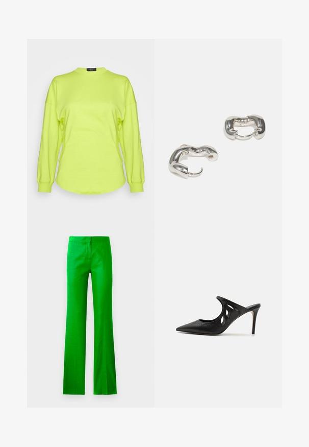 A.W.A.K.E. MODE LONG SLEEVE TOP WITH CUT-OUT DETAIL - Μπλούζα με μακριά μανίκια - acidlime; Λαμπερού πράσινα, φουσκωτά παντελόνια από ομαλό ύφασμα, με επίπεδο μπροστινό μέρος και χωρίς ορατές τσέπες. Καθαρός, μινιμαλιστικός σχεδιασμός.; Μαύρες δερμάτινες μπαλαρίνες με ψηλό τακούνι, με μυτερή μύτη, σχέδιο με κομμένα πλαϊνά και γυαλιστερή υφή. Τακούνι στιλέτο και διακριτική λεπτομέρεια ραψίματος.; Ασημένια σκουλαρίκια κρίκοι με απαλό, κυματιστό σχέδιο; διαθέτουν χοντρή μορφή και λείο φινίρισμα, επισημαίνοντας μια μοντέρνα αισθητική.