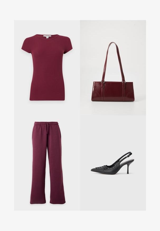 Haut violet côtelé à manches courtes avec encolure ronde, silhouette ajustée et texture unie, présenté sur un fond uni.; Pantalon de survêtement bordeaux à jambes larges avec ceinture élastique et cordon, poches avant, présenté sur un fond clair uni.; Escarpin en cuir noir à talon aiguille avec un bout pointu, une bride latérale à boucle, des clous le long du bord et un laçage décoratif à l'avant.; Sac à main bordeaux en matériau brillant, de forme rectangulaire, avec deux anses et des accents légèrement courbés à l'avant.