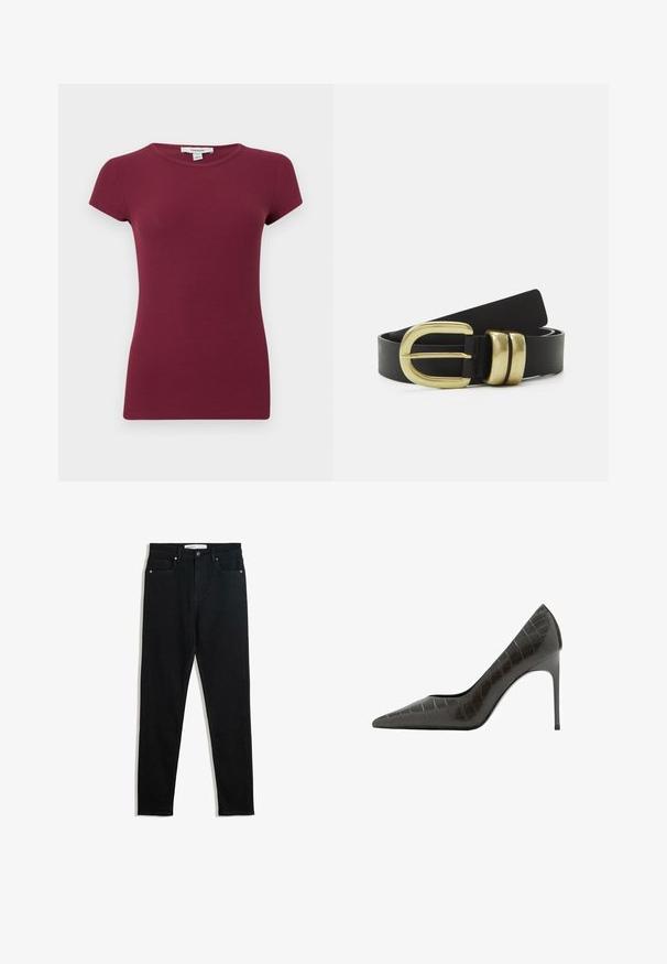 Haut violet côtelé à manches courtes avec encolure ronde, silhouette ajustée et texture unie, présenté sur un fond uni.; Jean en denim noir avec une coupe slim, un design à cinq poches, des éléments en métal et une fermeture éclair. Texture lisse avec une légère élasticité.; Escarpin en cuir verni noir à talon haut avec un bout pointu et une texture crocodile. Présente une silhouette élégante et un talon aiguille fin et haut.; Ceinture en cuir noir dotée d'une grande boucle dorée avec deux accents arrondis, texture lisse et design élégant.