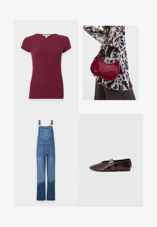 Haut violet côtelé à manches courtes avec encolure ronde, silhouette ajustée et texture unie, présenté sur un fond uni.; Salopette en denim avec bretelles ajustables, poches avant et arrière, et une coupe ample à jambes droites. Couleur : bleu moyen avec un effet délavé.; Ballerines en cuir bordeaux avec un bout pointu, une semelle plate et une sangle décorative avec boucle sur le cou-de-pied. Texture lisse et brillante.; Femme portant un chemisier à motif noir et blanc tenant un sac à main rouge brillant sur un fond uni.