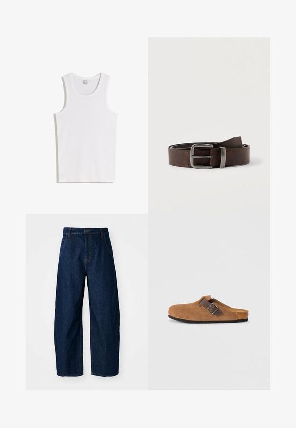 Hvid bomulds tanktop med rund halsudskæring og brede skulderstropper. Glat tekstur, uden mønstre eller detaljer, enkelt design.; Bredde ben mørk denim jeans med høj talje, som har fem lommer, knaplukning foran og synlige syninger.; Brune ruskindsklogs med en justerbar brun læderrem og sølv spænde, der har en formet korkfodbed og en tekstureret gummi sål.; Mørkebrunt læderbælte med sølv rektangulært spænde, rullet og placeret mod en lys neutral baggrund.