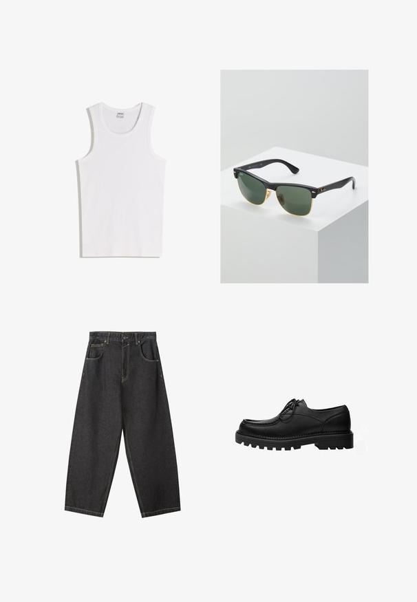 Hvid bomulds tanktop med rund halsudskæring og brede skulderstropper. Glat tekstur, uden mønstre eller detaljer, enkelt design.; Sorte denim brede bukser med gule sømme, fem-lomme-design og en mid-rise talje. Struktureret stof med en glat overflade.; Sort læder snøresko med tyk, robust sål og detaljerede syninger på oversiden, designet til formelt eller afslappet brug.; Ray-Ban solbriller med grønne linser, sorte plastikstel og gyldne detaljer ved kanterne. Firkantet form med mat finish.