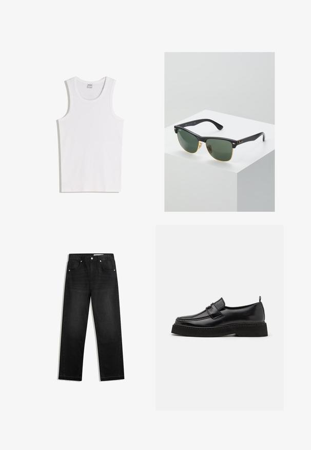 Hvid bomulds tanktop med rund halsudskæring og brede skulderstropper. Glat tekstur, uden mønstre eller detaljer, enkelt design.; Sorte denimjeans med lige bendesign, fem lommer, kontrasterende hardware og rå kantdetalje nederst.; Sorte læder loafersko i stil med flad, tekstureret sål, med en syet tå og en rem over vristen.; Ray-Ban solbriller med grønne linser, sorte plastikstel og gyldne detaljer ved kanterne. Firkantet form med mat finish.