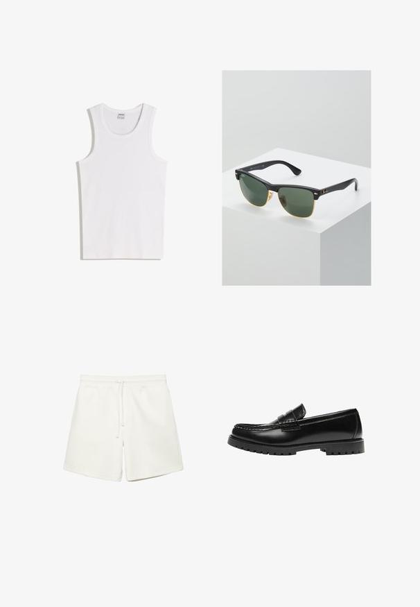 Débardeur blanc en coton avec un col rond et de larges bretelles. Texture lisse, sans motifs ni accents, design simple.; Shorts blancs décontractés avec une ceinture élastique et un cordon de serrage, dotés de poches latérales, conçus pour le confort et un usage quotidien.; Mocassin en cuir noir avec une semelle en caoutchouc épaisse et un détail classique de bride à monnaie, vu de côté extérieur.; Lunettes de soleil Ray-Ban avec des verres verts, monture en plastique noir et accents dorés sur les bords. Forme carrée avec une finition mate.