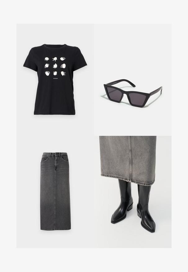Must must valge trükitud koorikloomade ja mereloomade illustreerimisega must puuvillane T-särk, millel on ümmargune kaelus ja lühikesed varrukad.; Hallhalli denim midi seelik, sirge lõikega, viie taskuga ja vöökandidega. Esipool on nööbiga kinni ja sellel on minimaalne õmblusdisain.; Mustast nahk Cowboy saapad terava varbaga ja jämeda kontsaga, millel on sile viimistlus ja stiilne disain, on kombineeritud halli seelikuga.; Mustad mustrakellad, millel on hallid šabloonid; valmistatud plastist, paksude ja siledate kätega, ilma nähtava riistvarata.