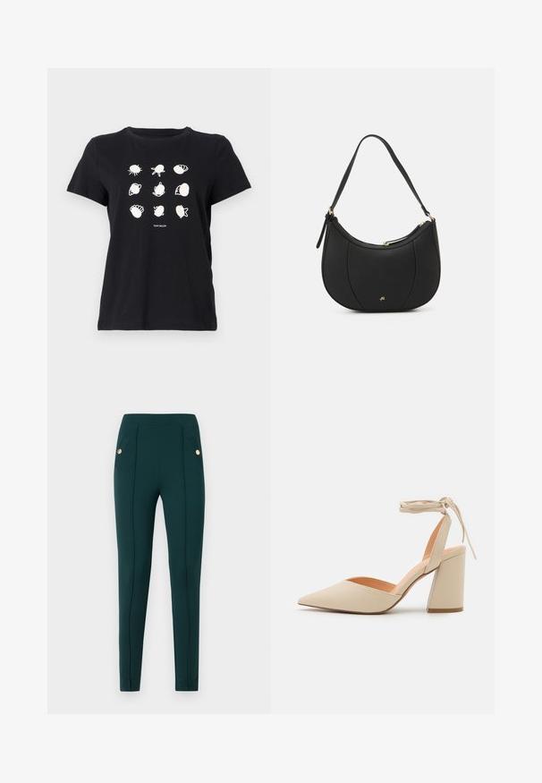 T-shirt en coton noir avec des illustrations imprimées de coquillages et de créatures marines en blanc disposées en grille, avec un col rond et des manches courtes.; Pantalon vert foncé ajusté avec coutures frontales et rabats de poche boutonnés, présenté sur un fond clair uni.; Chaussure à talons aiguilles beige avec un bout pointu, une bride de cheville et un large talon bloc. Matériau synthétique lisse avec une finition mate.; Sac à main en cuir noir avec une forme courbée, surface texturée, coutures avant et un logo doré. Il est doté d'une seule sangle ajustable.