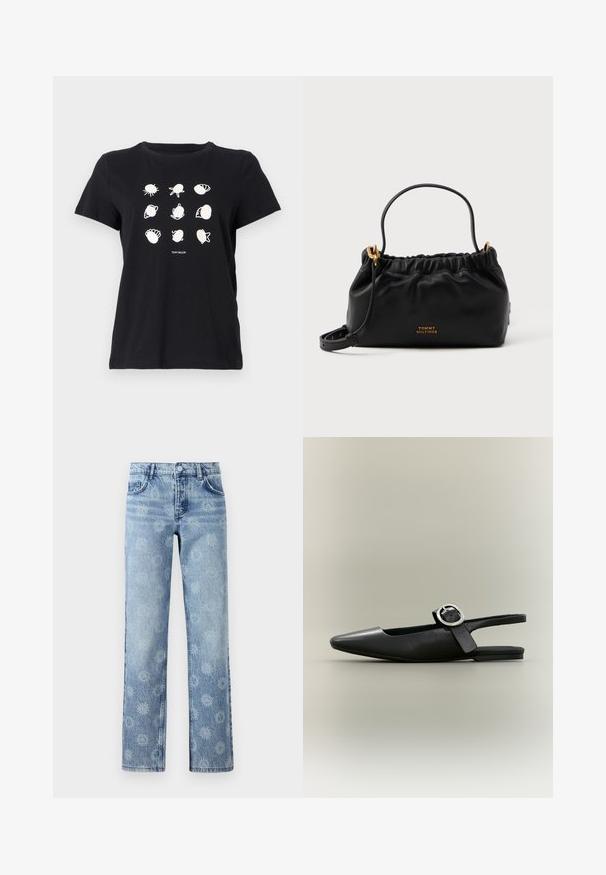 Schwarzes Baumwoll-T-Shirt mit weißen Druckillustrationen von Muscheln und Meereslebewesen, die in einem Raster angeordnet sind, mit rundem Halsausschnitt und kurzen Ärmeln.; Hellblaue Jeans aus Denim mit einem leicht ausgebleichten Finish, blumigem Muster, fünf Taschen und geradem Beinschnitt.; Schwarzer spitzer flacher Slingback-Schuh mit silberner Schnalle und niedrigem Absatz auf neutralem Hintergrund.; Schwarze Lederhandtasche mit gerafftem Oberteil, einem kurzen Griff und einem abnehmbaren Schulterriemen. Verfügt über ein goldfarbenes Logo-Accessoire und eine glatte Textur.