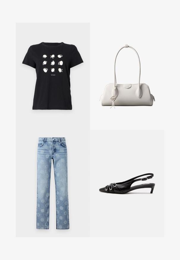 Sort bomulds T-shirt med hvide trykte illustrationer af skaller og havdyr arrangeret i et gitter, med rund hals og korte ærmer.; Lysblå denim jeans med en let falmet finish, prydet med et blomsterdesign, fem lommer og lige ben.; Sort læder slingback sko med spids tå, tre sølvspænder på forsiden og lav lille hæl på hvid baggrund.; Hvid Calvin Klein skuldertaske med lange håndtag, rektangulær form, lynlåslukning og dekorativt logohæng tæt på håndtaget.