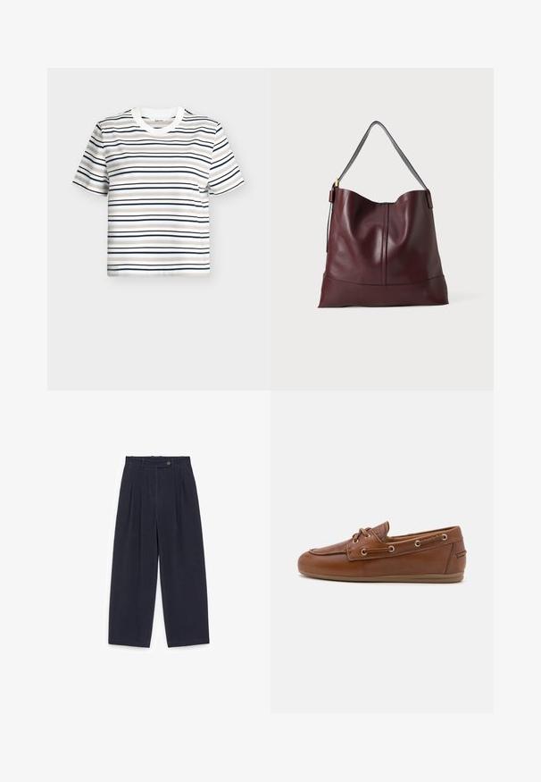 Hvid T-shirt med korte ærmer med vandrette striber i beige, lyseblå, marineblå og sort. Rund halsudskæring med en flad ribbet kant.; Bukser med brede ben i mørkeblå, lavet af tekstureret stof. Har folder foran, en taljebånd med knapper og sidelommer.; Brune læder bådsko med snøredetalje, metaløjer, en struktureret overflade og en fleksibel tan gummisål. Rund tådesign.; Burgundy læder tote taske med en buet top, grårem og diskrete syninger. Den glatte tekstur og det slappe design forbedrer stilken.