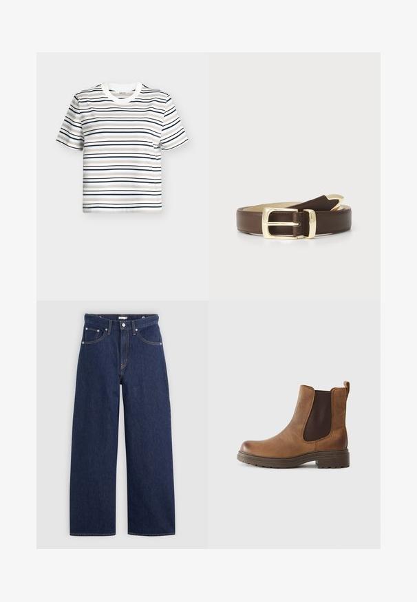 Hvid T-shirt med korte ærmer med vandrette striber i beige, lyseblå, marineblå og sort. Rund halsudskæring med en flad ribbet kant.; Mørkeblå denim brede ben jeans med høj talje, der har fem lommer, bæltestropper og detaljer med kobber stikninger. Glat tekstur.; Brun læder ankelstøvle med elastiske sidepaneler, rund tå og en struktureret gummisål. Forstærket hælkappe for nem påtagning.; Brun læderbælte med en glat overflade, prydet med en gyldentone metalspænde og en tilspidsende ende. Simpelt design med en klassisk finish.