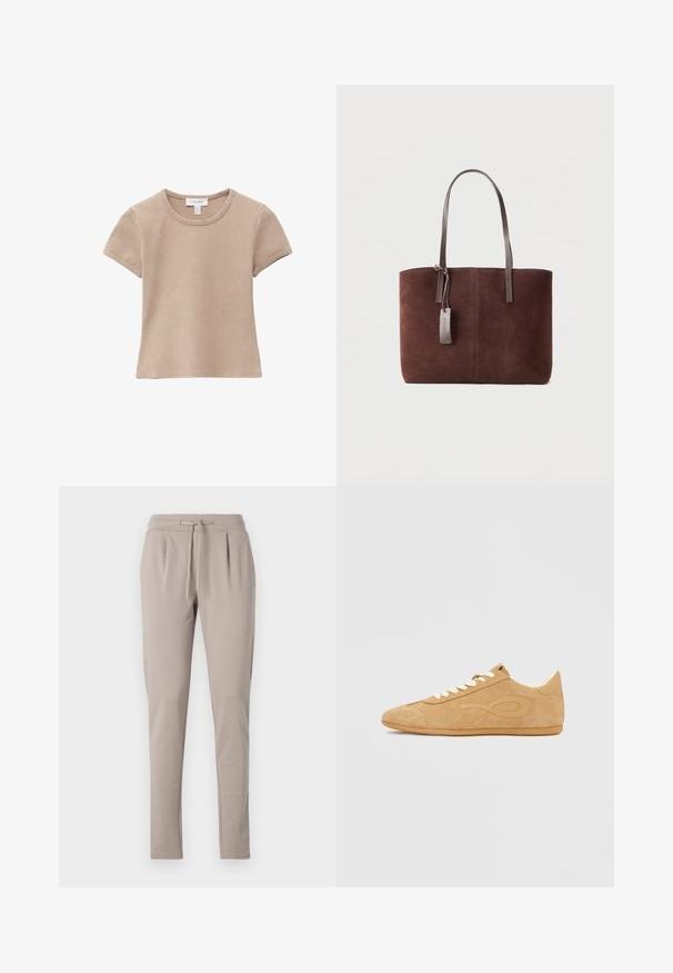 Camiseta de algodón beige de manga corta con cuello redondo, costuras visibles y una etiqueta de tela en el cuello, colocada sobre un fondo blanco.; Pantalones de chándal beige con cintura ajustable, piernas ajustadas y detalle de pliegues en la parte delantera. Fabricados con un material suave y ligero.; Zapatilla de ante beige con punta redondeada, cordones en contraste y cuerpo texturizado que presenta un diseño distintivo en el lateral.; Bolso tote de ante marrón con asas de cuero oscuro y una pequeña etiqueta de cuero adjunta sobre un fondo liso y claro.