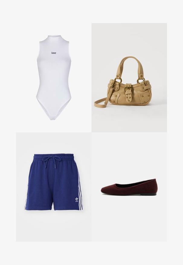 Weißer ärmelloser Bodysuit mit hohem Kragen und schwarzem "love"-Schriftzug in der Mitte. Glatter, dehnbarer Stoff mit eng anliegendem Design und tiefen Beinausschnitten.; Marineblaue Sportshorts mit einem Kordelzugbund, ausgestattet mit weißen Seitenstreifen und einem gestickten Logo auf der linken unteren Seite. Weichelastischer Stoff.; Burgunderfarbiger Damenflacher Schuh mit rund zulaufender Spitze und texturiertem Stoff, niedrige schwarze Sohle, seitlich auf weißem Hintergrund dargestellt.; Beige Lederhandtasche mit doppelten Griffen, Messingschnalle und Nieten, sowie verstellbarem Schultergurt vor weißem Hintergrund.