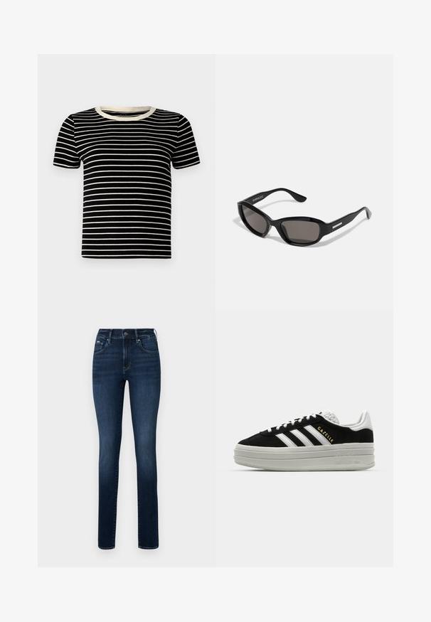 Sort og creme-stribet kortærmet t-shirt med ribbet struktur og rund halsudskæring. Striberne er jævnt fordelt og horisontale.; Mørkeblå jeans lavet af denim, med lige ben, fem-lomme design og en knaplukning ved taljen.; Sort ruskind sneaker med hvide læderdetaljer, tre hvide striber, flade snørebånd og en tyk grå platformsål. Guldfarvet "Gazelle" branding.; Sorte solbriller med rektangulært stel, mørke linser, glat plastmateriale og en metalaccent på templet.