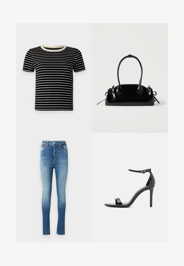 T-shirt à manches courtes noir et crème avec une texture côtelée et un col rond. Les rayures sont régulièrement espacées et horizontales.; Jeans skinny taille haute en denim bleu délavé avec un dégradé subtil. Caractéristiques d'un design classique à cinq poches et fermeture à bouton.; Sandale à talons hauts en cuir verni noir avec une fine bride de cheville, à bout ouvert, au design minimaliste et à la finition lisse et brillante.; Petit sac à main noir brillant avec deux longues anses et des détails à cordon sur les côtés sur un fond clair uni.