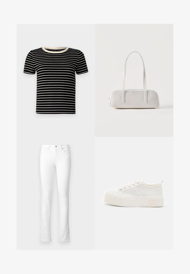 Schwarz- und cremegestreiftes T-Shirt mit kurzen Ärmeln, geripptem Material und rundem Ausschnitt. Die Streifen sind gleichmäßig verteilt und horizontal.; Weiße Denim-Jeans mit slim-fit, fünf Taschen, Reißverschluss und dezenten Nahtdetails. Glatte Textur; keine sichtbaren Muster.; Weiße Leinensneaker mit einer strukturierten, klobigen Sohle, flachen Schnürsenkeln, seitlichen Streifen und einer Schlaufe an der Ferse für einfaches Anziehen.; Weiße rechteckige Schultertasche mit langen dünnen Trägern, minimalen Nähten und Reißverschlussverschluss vor einem schlichten Hintergrund.