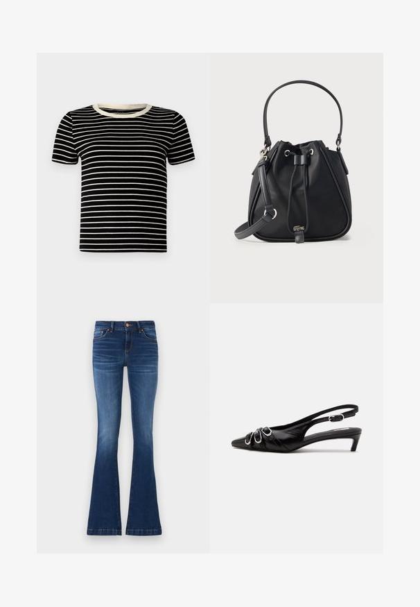Schwarz- und cremegestreiftes T-Shirt mit kurzen Ärmeln, geripptem Material und rundem Ausschnitt. Die Streifen sind gleichmäßig verteilt und horizontal.; Ausgestellt geschnittene Blue Jeans aus Denim, mit einer mittelhohen Taille, fünf Taschen und kontrastierenden Nähten entlang der Nähte.; Schwarzer Lederslingback mit spitzer Spitze, drei silbernen Schnallen vorne und niedrigem Kittenabsatz auf weißem Hintergrund.; Schwarze Bucket-Handtasche mit Tragegriff oben und verstellbarem Schulterriemen, Kordelzugverschluss und kleinem silbernem Krokodil-Logo mittig vorne.