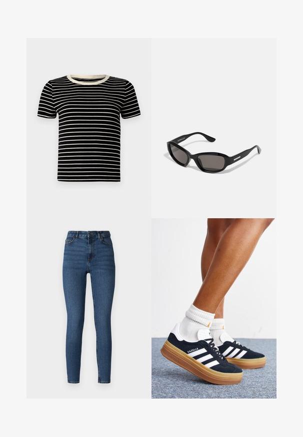 Schwarz- und cremegestreiftes T-Shirt mit kurzen Ärmeln, geripptem Material und rundem Ausschnitt. Die Streifen sind gleichmäßig verteilt und horizontal.; Dunkelblaue Skinny-Jeans aus Denim mit hoher Taille, ausgestattet mit einem Knopfverschluss vorne, Gürtelschlaufen und einem klassischen Fünf-Taschen-Design.; Beine mit weißen Socken und schwarzen Adidas Gazelle Sneakers mit weißen Streifen und dicken braunen Sohlen auf einem grauen Teppichboden.; Schwarze Sonnenbrille mit rechteckigem Rahmen, dunklen Gläsern, glattem Kunststoffmaterial und einem metallischen Akzent am Bügel.