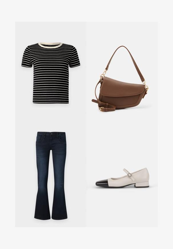 T-shirt à manches courtes noir et crème avec une texture côtelée et un col rond. Les rayures sont régulièrement espacées et horizontales.; Jean bootcut femme en bleu foncé avec bouton frontal, design à cinq poches et léger délavage sur les cuisses et les genoux, sur un fond uni.; Chaussure de style Mary Jane en cuir crème avec un bout en vernis noir. Présente un bout rond, une sangle de cheville avec une boucle carrée et un petit talon carré.; Sac à épaule en cuir marron avec une finition texturée, forme courbée, quincaillerie dorée, bandoulière réglable et fermeture à rabat.