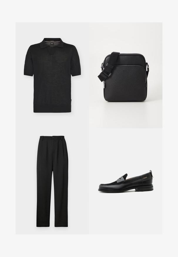 Sort kortærmet poloshirt med krave, V-not-snit, ribstrikkede manchetter og kant samt en lille BOSS-label inde i kraven.; Sorte bukser med et struktureret mønster, der har en bred talje med en knap og forkærninger foran for en skræddersyet pasform. Lige ben-design.; Sort læderloafer med grå remdetalje, lav hæl og tekstureret sål, mærket med "HUGO" i guld på siden.; Sorth læder crossover taske med en tekstureret overflade, der har en frontlomme med lynlås, justerbar strop og metal hardware detaljer.