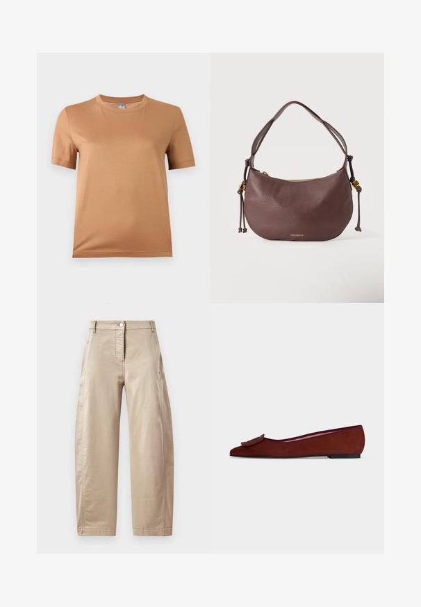 Beige t-shirt med korte ærmer og rund halsudskæring med en lille grå mærkat mærket "MM" ved halsen, vist på en lys baggrund.; Beige vidde ben bukser i en glat bomuldsblanding, med en frontknaplukning, sidelommer og synlige syninger.; Flad brun ruskind damesko med spids tå og stor dekorativ spænde på toppen mod ensfarvet baggrund.; Brun tekstureret læder skuldertaske med gyldent lynlås, justerbar knyttet rem og lille gyldent mærkelogo foran.