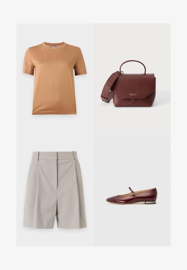 Beige t-shirt med korte ærmer og rund halsudskæring med en lille grå mærkat mærket "MM" ved halsen, vist på en lys baggrund.; By Malene Birger POVILLE - Shorts - grey brown; Bordeaux patentlæder flad sko med en afrundet tå, en rem over vampsen og en lav hæl med metalaccenter. Glat tekstur.; Brun læderhåndtaske med top-håndtag, bredt justerbart skulderrem og gyldent Emporio Armani-logo på frontklappen.