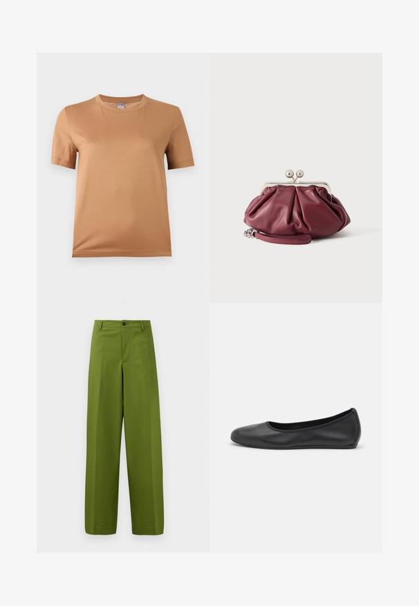 Camiseta de manga corta color beige con cuello redondo y una pequeña etiqueta gris con la inscripción "MM" en el cuello, exhibida sobre un fondo claro y liso.; Pantalones de pierna ancha verdes hechos de un tejido suave. Presentan un cierre frontal con un solo botón y un diseño frontal plano.; Bailarina de piel negra con punta redondeada, textura suave, detalle de costura minimalista y diseño de suela flexible.; Pequeño bolso de mano de cuero burdeos con cierre metálico plateado y correa de muñeca sobre fondo blanco.