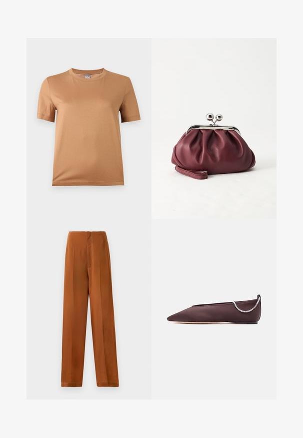 Camiseta de manga corta color beige con cuello redondo y una pequeña etiqueta gris con la inscripción "MM" en el cuello, exhibida sobre un fondo claro y liso.; Pantalones de pierna ancha en un color marrón cálido, con una textura suave, cintura alta y costuras en blanco que contrastan a lo largo de las costuras.; Zapato plano de punta fina de color marrón oscuro con un tacón bajo y un detalle de cadena de pedrería plateada en la parte trasera.; Pequeño bolso de mano de cuero burdeos con cierre metálico plateado y correa de muñeca sobre un fondo blanco.