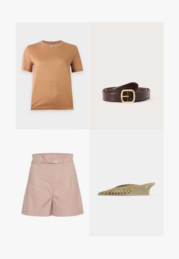 T-shirt beige à manches courtes et col rond avec une petite étiquette grise marquée "MM" au niveau du col, présenté sur un fond clair uni.; Shorts ajustés rose clair en tissu texturé, avec une taille large, des passants de ceinture et un détail en boucle argentée.; Mule beige à talon compensé avec un design ajouré sur le côté, avec un bout pointu et un talon bas.; Ceinture en cuir marron foncé avec une boucle dorée arrondie, roulée et posée sur un fond gris clair.